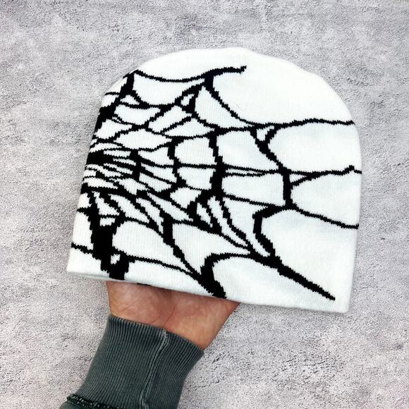 y2k 2000s white & black grunge gothic spiderweb beanie - Picture 2 of 6
